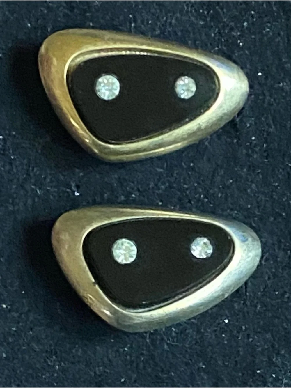 Sarah Coventry Gold Tone Black Enamel Cuff Links Clear Rhinestones “Atomic”